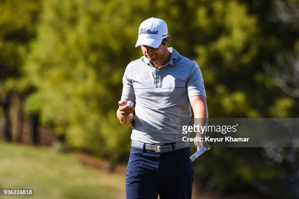 Peter Uihlein looks at his golf ball during round one of the World Golf Championships-Dell Technologies Match Play at Austin Country Club on March...