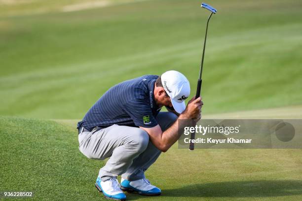 Keegan Bradley reacts to missing a putt on the 16th hole green during round one of the World Golf Championships-Dell Technologies Match Play at...