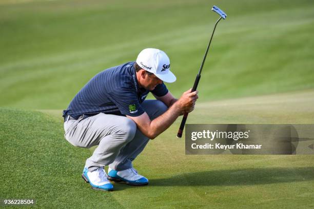 Keegan Bradley reacts to missing a putt on the 16th hole green during round one of the World Golf Championships-Dell Technologies Match Play at...