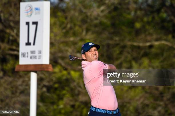 Sergio Garcia of Spain hits a tee shot on the 17th hole during round one of the World Golf Championships-Dell Technologies Match Play at Austin...