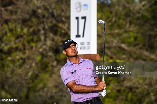 Shubhankar Sharma of India hits his tee shot on the 17th hole during round one of the World Golf Championships-Dell Technologies Match Play at Austin...