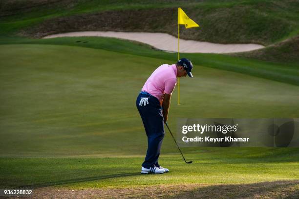 Sergio Garcia of Spain chips a shot to the 17th hole green during round one of the World Golf Championships-Dell Technologies Match Play at Austin...