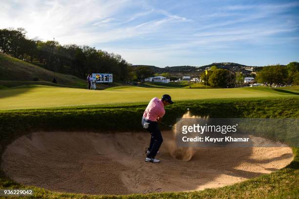 Sergio Garcia of Spain hits a shot from a greenside bunker on the 16th hole during round one of the World Golf Championships-Dell Technologies Match...
