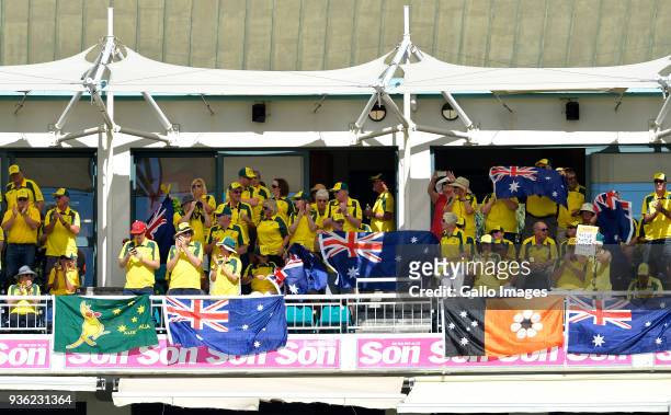 Australian spectators celebrate the wicket of Aiden Markram of South Africa during day 1 of the 3rd Sunfoil Test match between South Africa and...