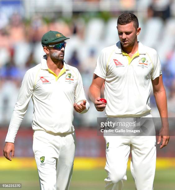 Nathan Lyon and Josh Hazlewood of Australia in conversation during day 1 of the 3rd Sunfoil Test match between South Africa and Australia at PPC...