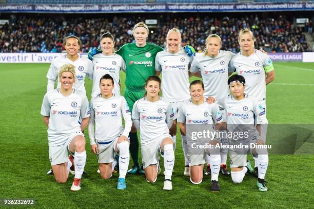 Chelsea's line up during the women's Champions League match, round of 8, between Montpellier and Chelsea on March 21, 2018 in Montpellier, France.