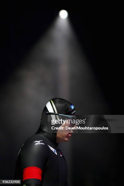 Oscar van Leen of the Netherlands gets ready to compete during De Zilveren Bal or Silver Ball held in the Elfstedenhal on March 21, 2018 in...