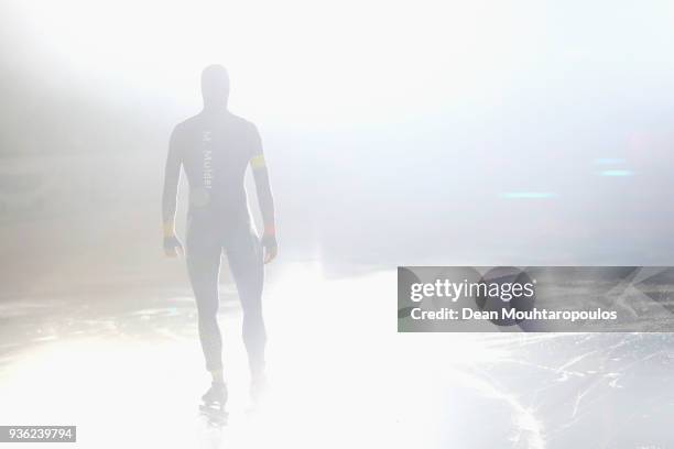 Michel Mulder of the Netherlands gets ready to compete during De Zilveren Bal or Silver Ball held in the Elfstedenhal on March 21, 2018 in...