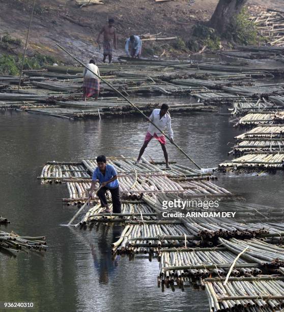 Indian labourers push heaps of bamboo on a river to be sold at a floating market -- and set to be used in the construction industry -- in Chakmaghat,...