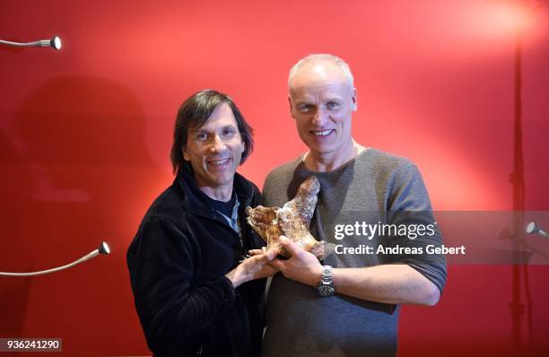 The two museum owners Michael Voelker and Raimund Albersdoerfer show an original, 66 million year old lumber vertrebra of what museum officials claim...