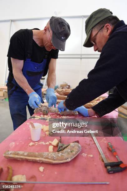 Museum workers prepare a bone of a representation of what museum officials claim is the world's biggest discovered winged dinosaur prior to its...