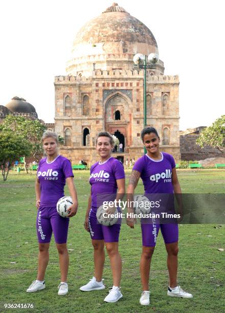 Freestyle footballers Agnieszka Mnich from Poland, Kitti Szasz of Hungary and Aylin Yaren of Germany showing during an interview with HT City at...