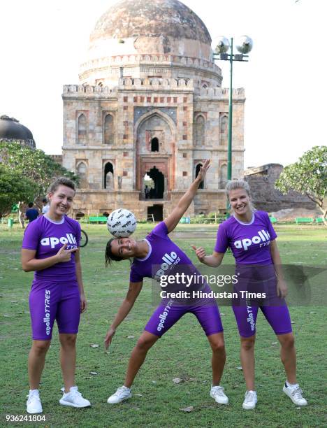 Freestyle footballers Agnieszka Mnich from Poland, Kitti Szasz of Hungary and Aylin Yaren of Germany showing their moves during an interview with HT...