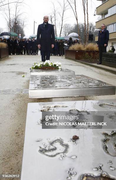 Belgian Prime Minister Charles Michel lays a wreath to mark the second anniversary of the 2016 terrorist attacks in Brussels, at the commemoration...