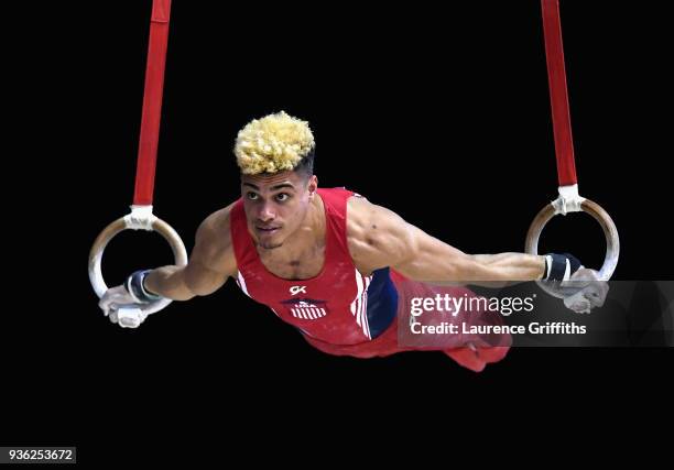 Donothan Bailey of The United States competes on the rings during day one of the 2018 Gymnastics World Cup at Arena Birmingham on March 21, 2018 in...