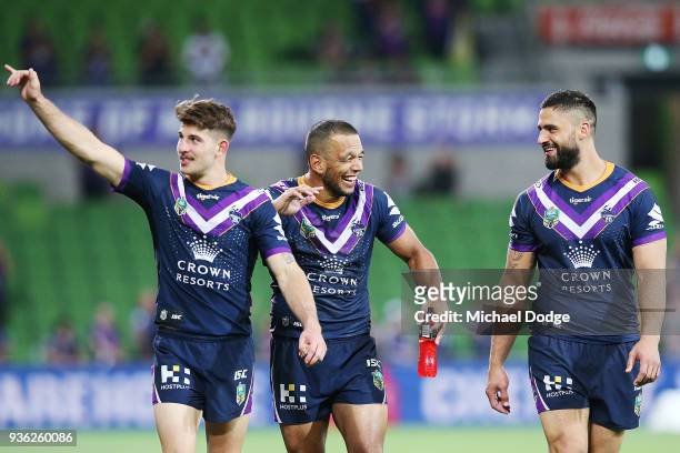 Will Chambers of the Storm celebrates the win during the round three NRL match between the Melbourne Storm and the North Queensland Cowboys at AAMI...
