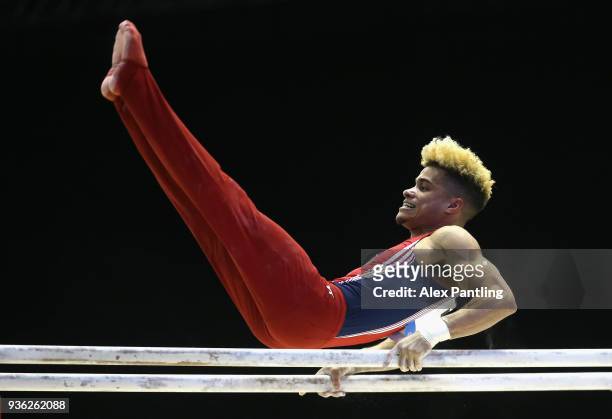 Donothan Bailey of The United States competes on the parallel bars during day one of the 2018 Gymnastics World Cup at Arena Birmingham on March 21,...
