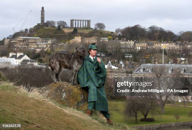 Harry Chamberlain with Lyra the bloodhound at the launch in Edinburgh of the Sherlock Holmes tartan which has been designed by the great great step...