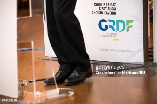 Edouard Sauvage, Managing Director of GRDF, attends the press conference to present the GRdF Group's 2017 annual results on March 22, 2018 in Paris,...