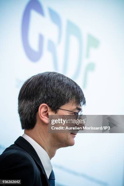 Edouard Sauvage, Managing Director of GRDF, attends the press conference to present the GRdF Group's 2017 annual results on March 22, 2018 in Paris,...