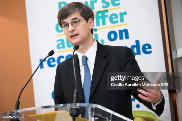 Edouard Sauvage, Managing Director of GRDF, attends the press conference to present the GRdF Group's 2017 annual results on March 22, 2018 in Paris,...