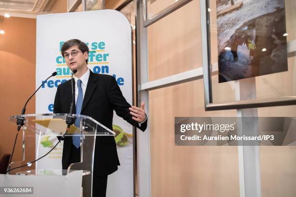 Edouard Sauvage, Managing Director of GRDF, attends the press conference to present the GRdF Group's 2017 annual results on March 22, 2018 in Paris,...