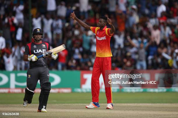 Blessing Muzarabani of Zimbabwe celebrates the wicket of Ahmed Raza of the UAE during The ICC Cricket World Cup Qualifier between the UAE and...