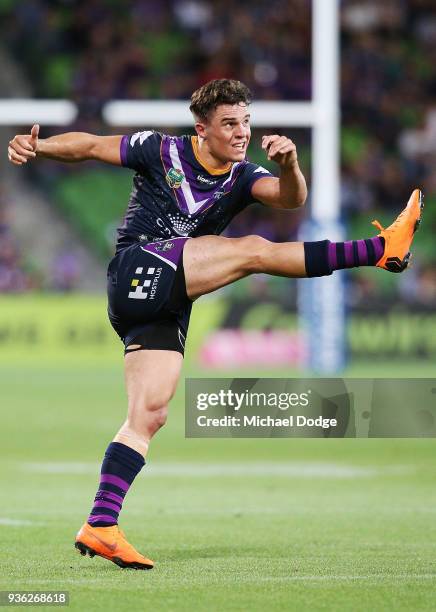 Brodie Croft of the Storm kicks the ball during the round three NRL match between the Melbourne Storm and the North Queensland Cowboys at AAMI Park...