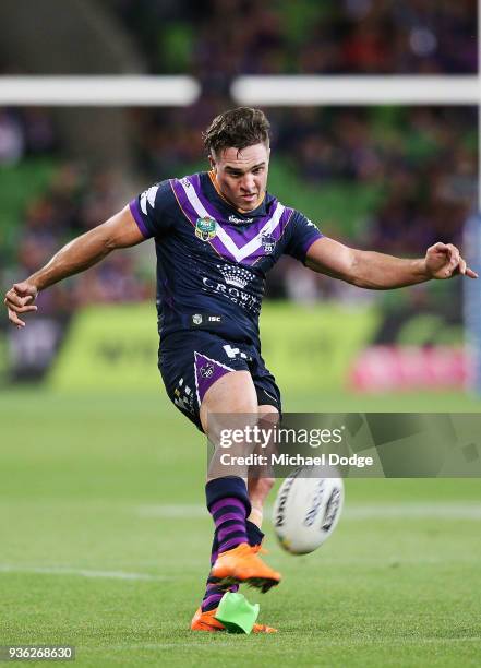 Brodie Croft of the Storm kicks the ball during the round three NRL match between the Melbourne Storm and the North Queensland Cowboys at AAMI Park...