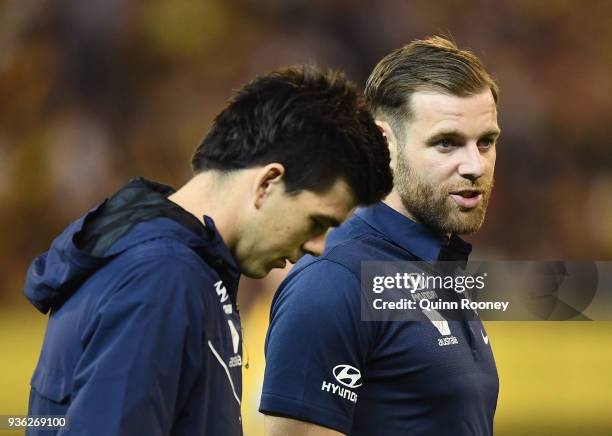 Sam Docherty of the Blues talks to Matthew Kennedy of the Blues after losing the round one AFL match between the Richmond Tigers and the Carlton...