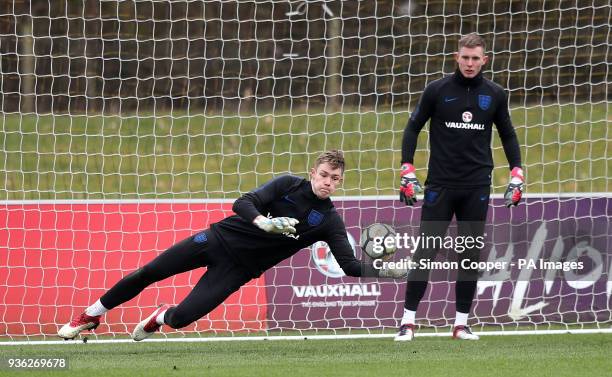 England U21 goalkeeper Freddie Woodman during a training session at St Georges' Park, Burton.