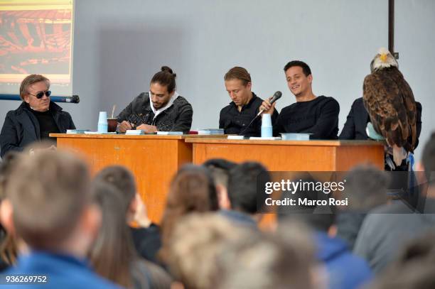 Lazio Team manager Maurizio Manzini, Martin Caceres, Lucas Leiva, Luiz Felipe Ramos, the falconer Juan Bernab and the eagle olimpia symbol of the SS...