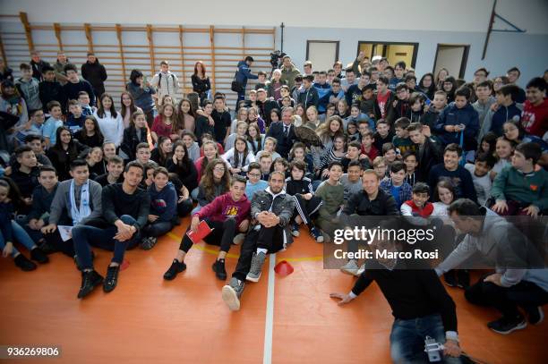 Luiz Felipe Ramos, Martin Caceres and Luca Leiva of SS Lazio durung the SS Lazio players meet school students on March 22, 2018 in Rome, Italy.