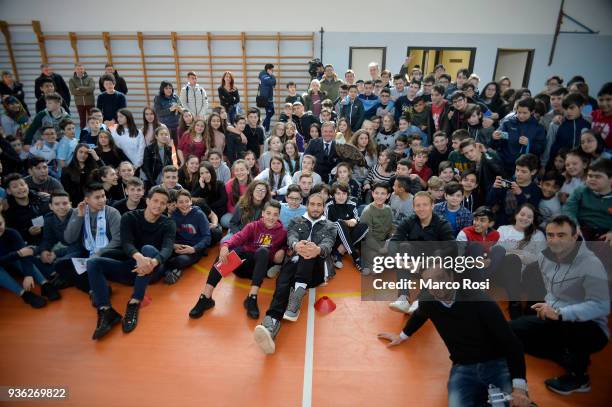 Luiz Felipe Ramos, Martin Caceres and Luca Leiva of SS Lazio durung the SS Lazio players meet school students on March 22, 2018 in Rome, Italy.