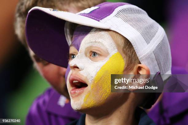 Storm fans show their support during the round three NRL match between the Melbourne Storm and the North Queensland Cowboys at AAMI Park on March 22,...