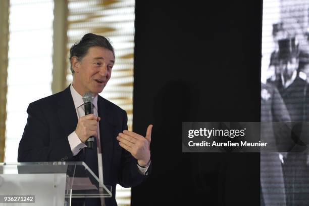 Edouard de Rothschild answers journalists during a press conference at hipppdrome de Paris Longchamps racetrack at Paris Longchamp on March 22, 2018...