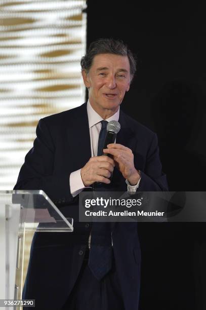 Edouard de Rothschild answers journalists during a press conference at hipppdrome de Paris Longchamps racetrack at Paris Longchamp on March 22, 2018...