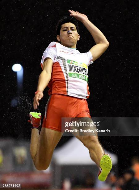 Kota Minemura of Japan competes in the Men's Long Jump event during the Summer of Athletics Grand Prix at QSAC on March 22, 2018 in Brisbane,...