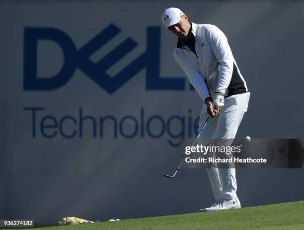 Jordan Spieth of the USA on the driving range prior to a practise round for the WGC Dell Technologies Matchplay at Austin Country Club on March 20,...