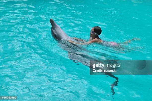 young girl is having fun experience, dancing with dolphin in the swimming pool. - pinna pettorale foto e immagini stock