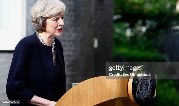 England, London, Westminster, Theresa May adressing the worlds press on her first day as prime minister in Downing Street.