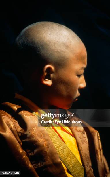 China, Tibet, Samye Monastery, Near Tsetsang, Young novice monk head and shoulders portrait profile right.