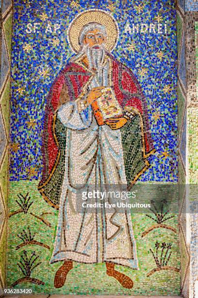 Romania, Constanta, Mosaic of Saint Andrew on exterior of Saint Peter and Saint Paul the Apostles Cathedral.