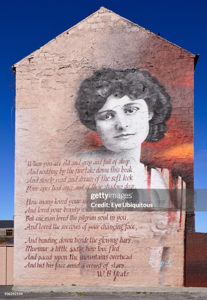 Ireland, County Sligo, Sligo, Wall mural of Maud Gonne with poem by W B yeats titled When you are old.
