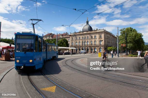 Croatia, Zagreb, Old town, Trams outside glavni kolodvor main train station.