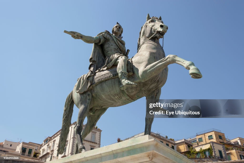 Italy, Campania, Naples, Equestrian statue in Piazza Del Plebiscito.