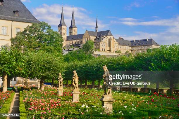 Germany, Bavaria, Bamberg, Neue Residenz, the Rose Garden with Michaelsberg Abbey in the background.