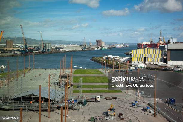 Ireland, North, Belfast, Titanic experience with outdoor stage being dismantled.