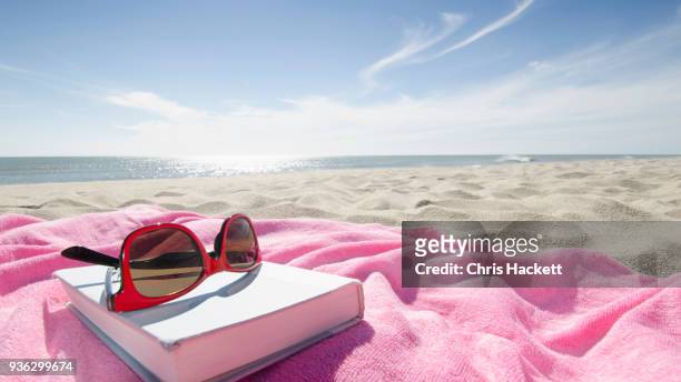 book and sunglasses on pink towel on sandy beach - strandfilt bildbanksfoton och bilder