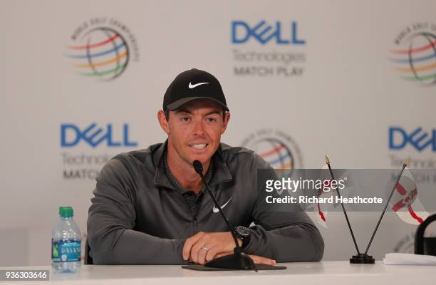 Rory McIlroy of Northern Ireland speaks to the media after a practise round for the WGC Dell Technologies Matchplay at Austin Country Club on March...